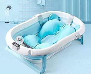 Foldable Baby Bathtub Set with Temperature Sensing Thermometer and Bathmat Cushion