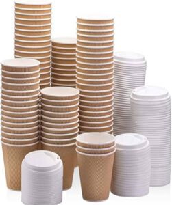 MARKQ [25 Sets] 8 oz. Brown Disposable Ripple Insulated Coffee Cups with Lids