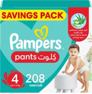 حفاضات بامبرز بيبي دراي مع لوشن الألوة فيرا، حماية من التسريب تصل إلى 100%، الحجم 4 (9-14 كجم)، 4 عبوات ميني (208 قطعة)