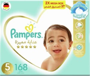 حفاضات بامبرز بريميوم كير للأطفال (حجم 5، 11-16 كجم) – 168 حفاضة