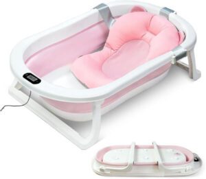 SKY-TOUCH Baby Foldable Bath Tub with Bathmat Cushion & Thermometer